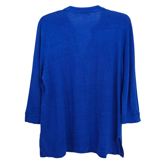 Chico's Stretch Linen Embellished Tunic Top Size Large /2 Blue Knit 3/4 Sleeve - Picture 7 of 10